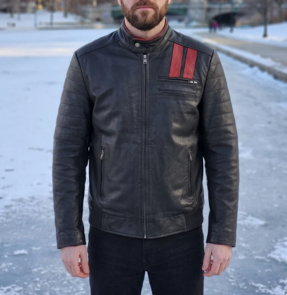 Black Leather Jacket With Red Stripe For Men