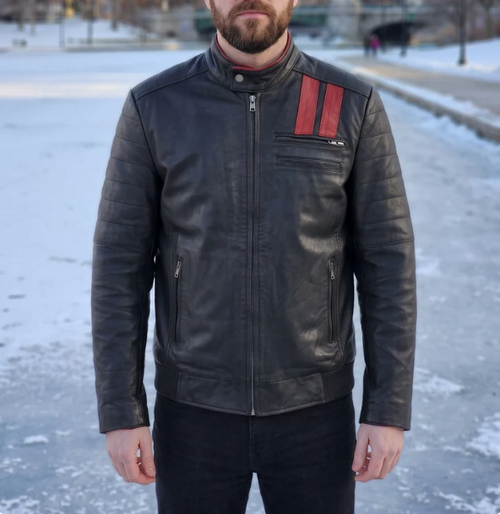 Black Leather Jacket With Red Stripe For Men