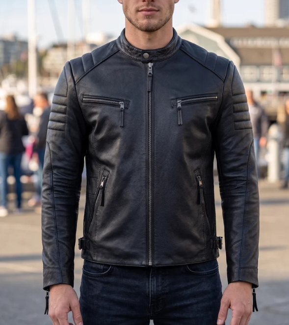 Black Motor Bike Leather Jacket For Men
