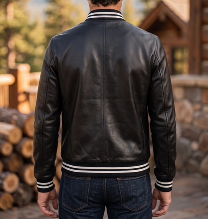 Black Slim Fit Bomber Leather Jacket For Men