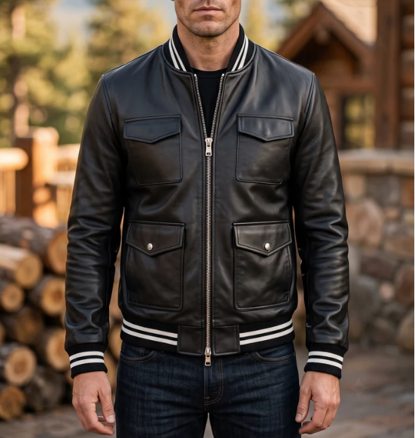 Black Slim Fit Bomber Leather Jacket For Men