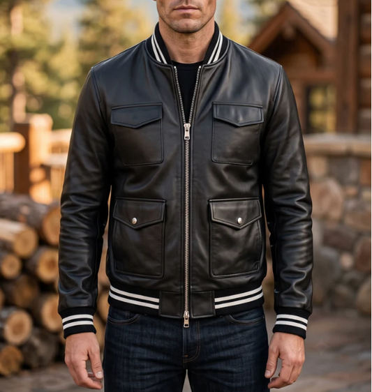 Black Slim Fit Bomber Leather Jacket For Men