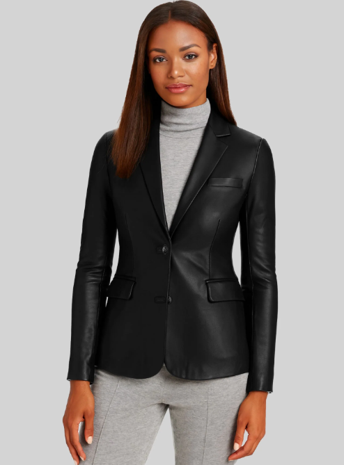 Women's Black Stretch Leather Blazer — front view