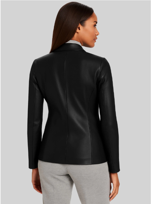 Women's Black Stretch Leather Blazer — front view on model