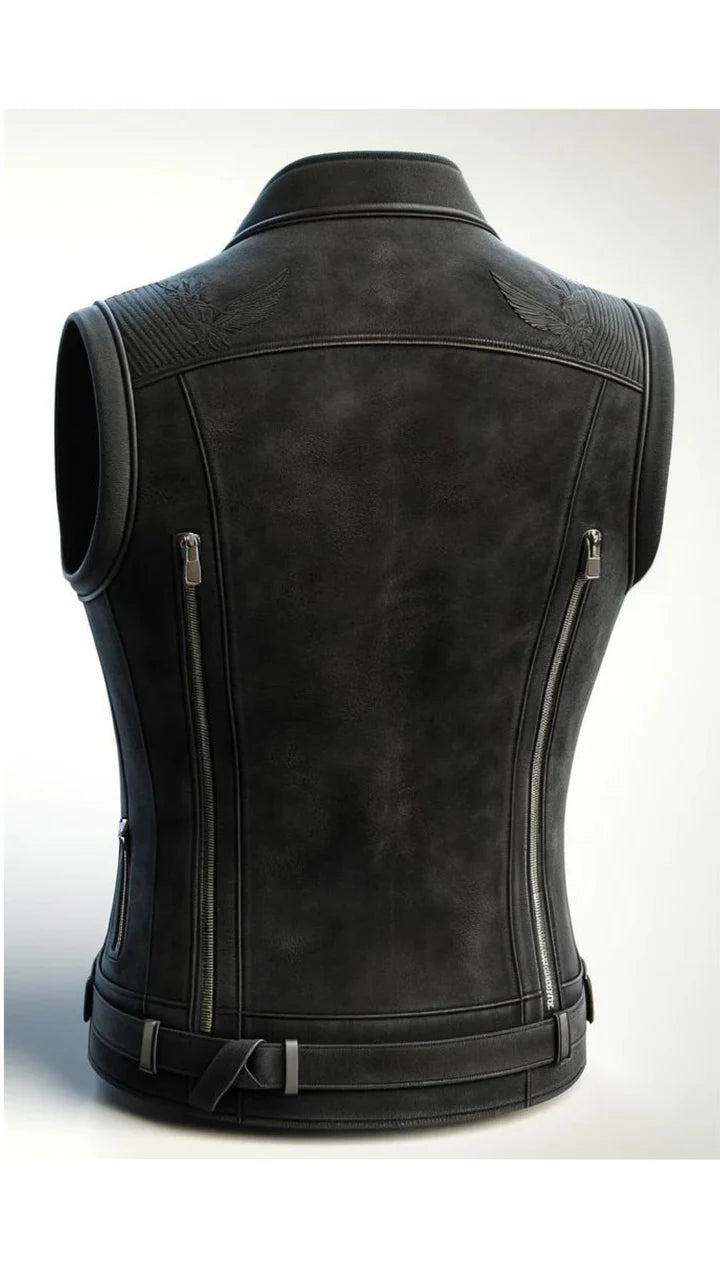 Black leather vest on a mannequin against a white background