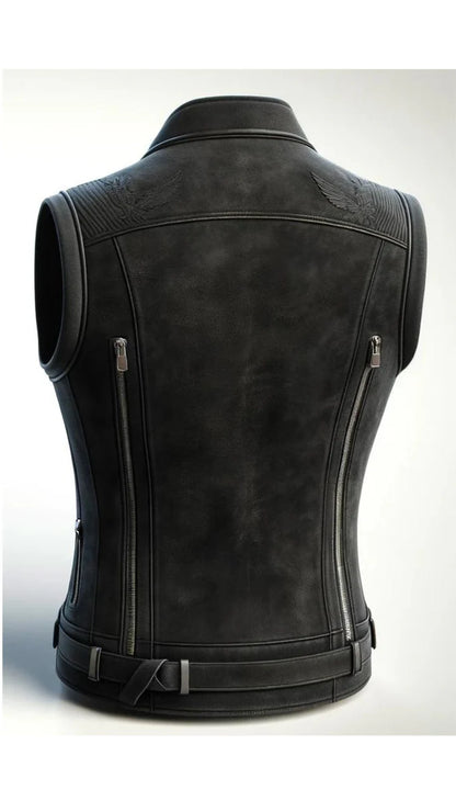 Black leather vest on a mannequin against a white background
