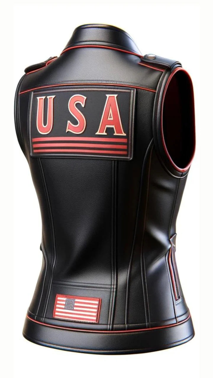 Black leather vest with 'USA' and American flag patch on a white background