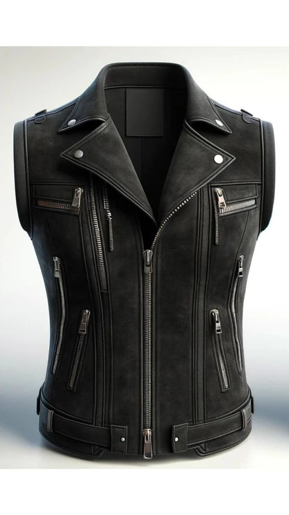 Black leather vest with multiple zippers on a light gray background