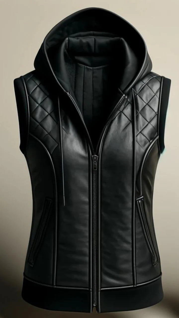 Black leather vest with quilted design on a beige background