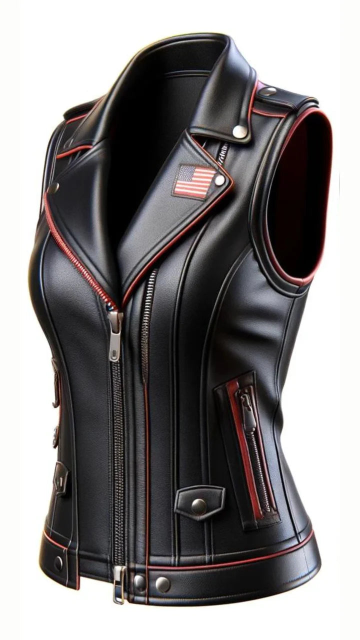 Black leather vest with red accents on a white background