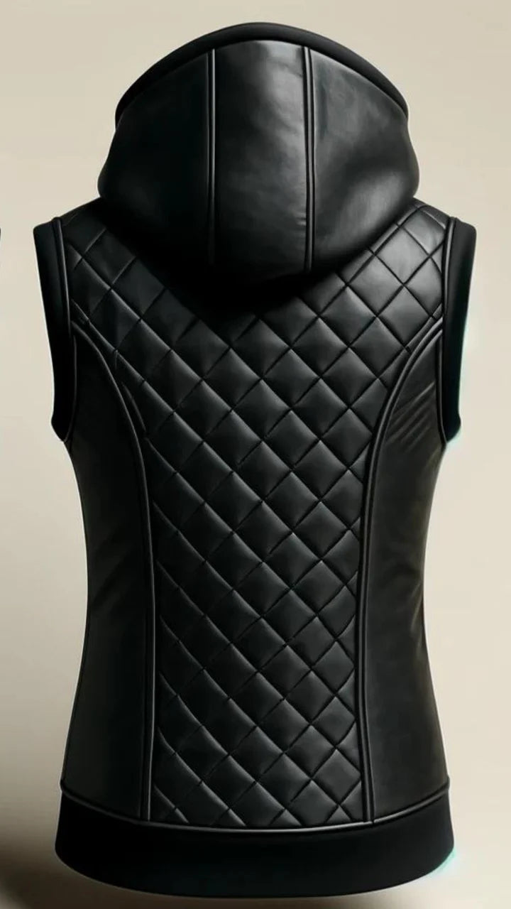 Black quilted leather vest with a hood on a beige background