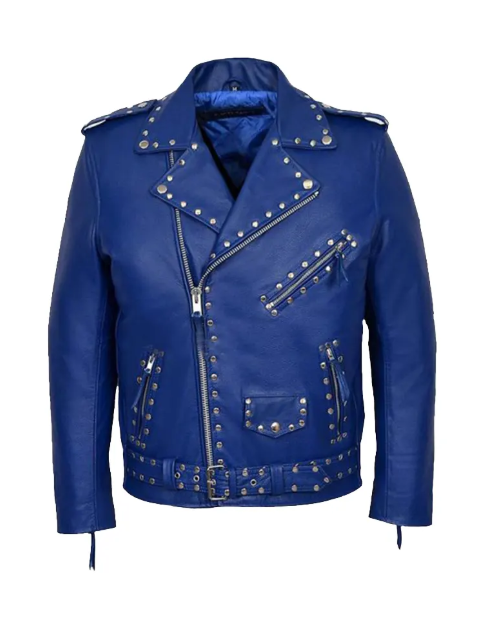 Blue Studded Motorcycle Leather Jacket