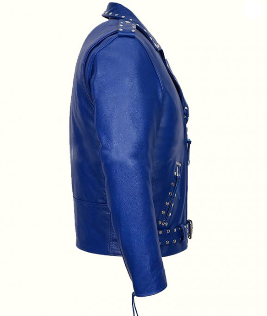 Blue Studded Motorcycle Leather Jacket