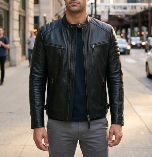 Bosh-X Black Motor Bike Leather Jacket For Men