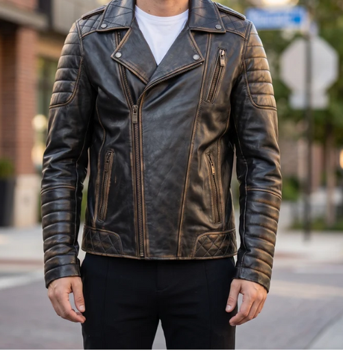 Branden Brown Distressed Leather Biker Jacket For Men