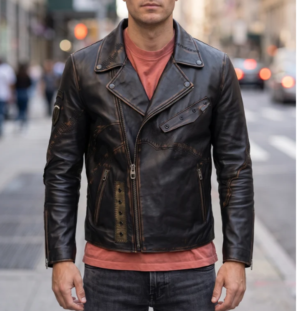 Bronze Cobain Black Motor bike Distressed Leather Jacket For Men