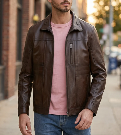 Bruno Cognac Brown Biker Racer Leather Jacket For Men