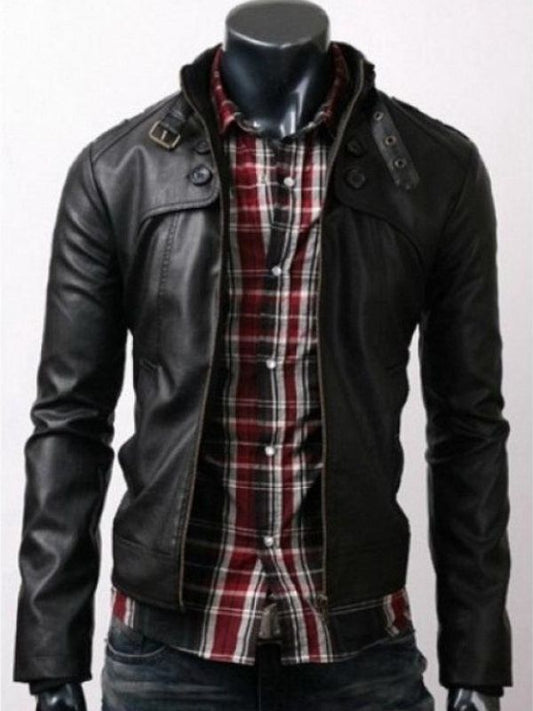 Button Pocket Slim Fit Black Rider Leather Jacket