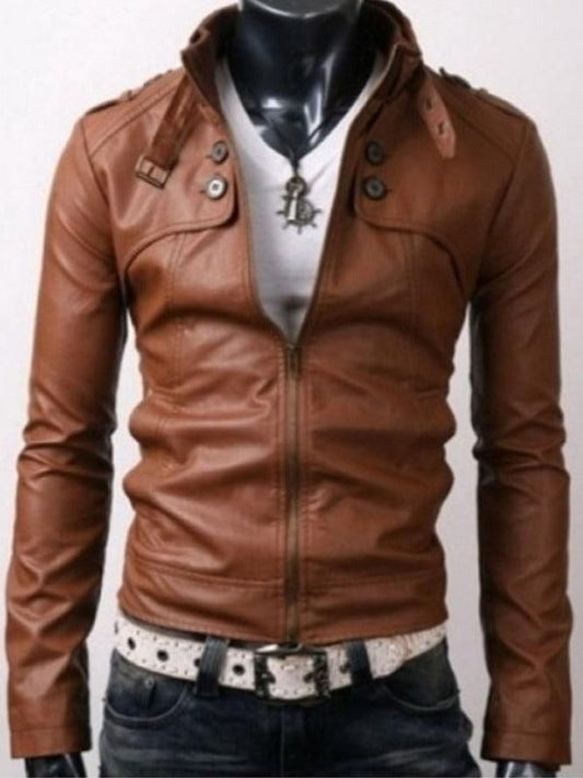 Button Pocket Slim Fit Rider Brown Leather Jacket