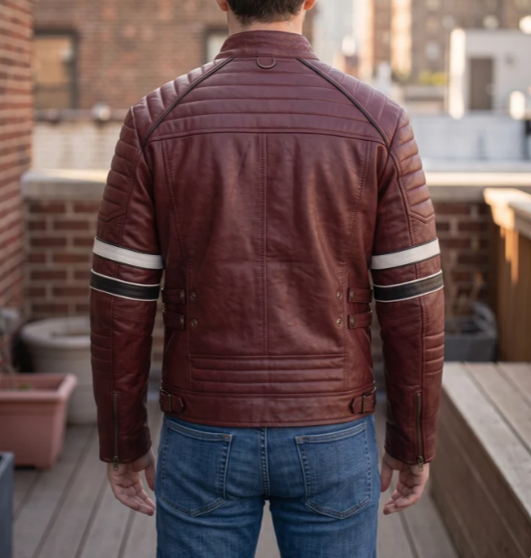Cafe Racer Dark Red Leather Jacket with Contrast Stripe For Men