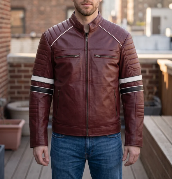 Cafe Racer Dark Red Leather Jacket with Contrast Stripe For Men