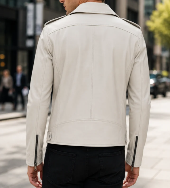Carter White Beige Biker Leather Jacket For Men