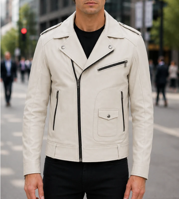 Carter White Beige Biker Leather Jacket For Men