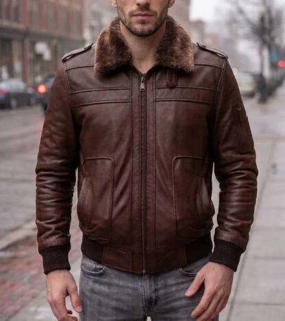 Christian Men Brown Fur Collar Leather Jacket