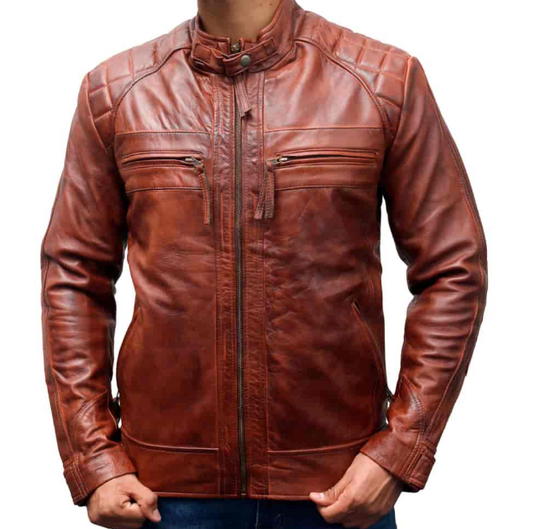 Men's Diamond Quilted Leather Biker Jacket front view