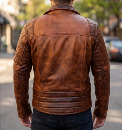 Classic Diamond Brown Leather Jacket For Men
