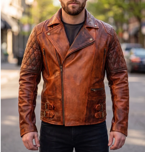 Classic Diamond Brown Leather Jacket For Men