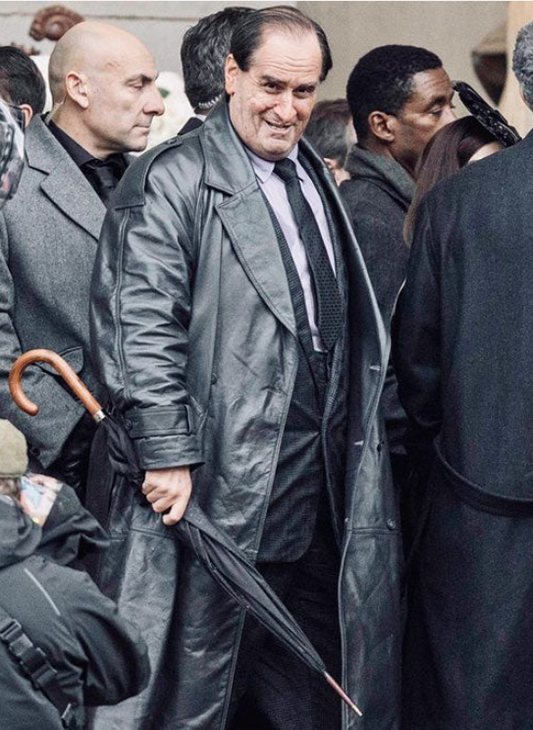 Colin Farrell The Batman Penguin Men's Black Leather Long Coat — front view