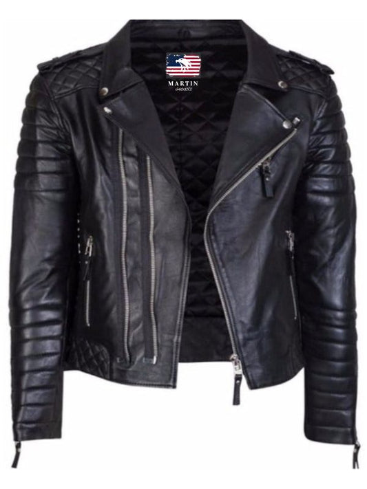 Diamond quilted black leather jacket