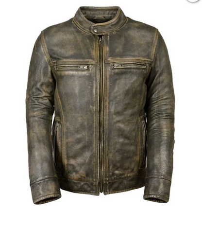Distressed Cafe Racer Biker Leather Jacket