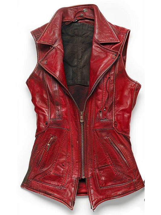 Emily Red Distressed Leather Vest for Women
