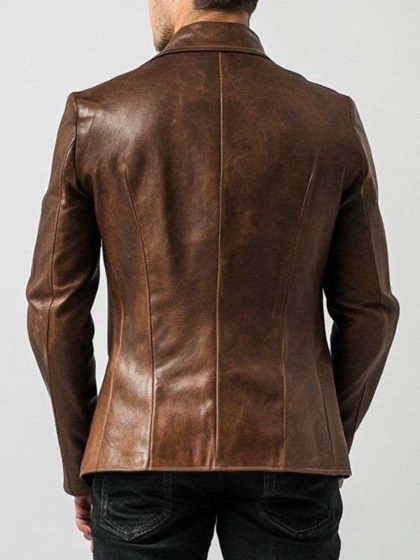 Ethan Distressed Brown Leather Blazer - Brown Leather Jacket