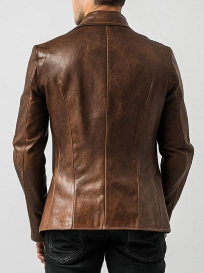 Ethan Distressed Brown Leather Blazer - Brown Leather Jacket