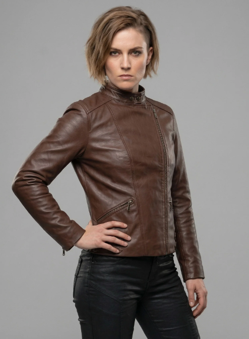 Grace Ashcroft Resident Evil Women's Brown Leather Biker Jacket — front view