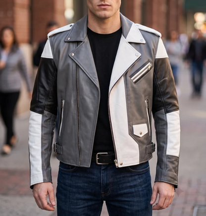 Grey,White & Black Stylish Leather Jacket For Men
