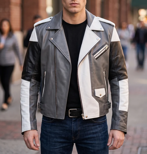 Grey,White & Black Stylish Leather Jacket For Men