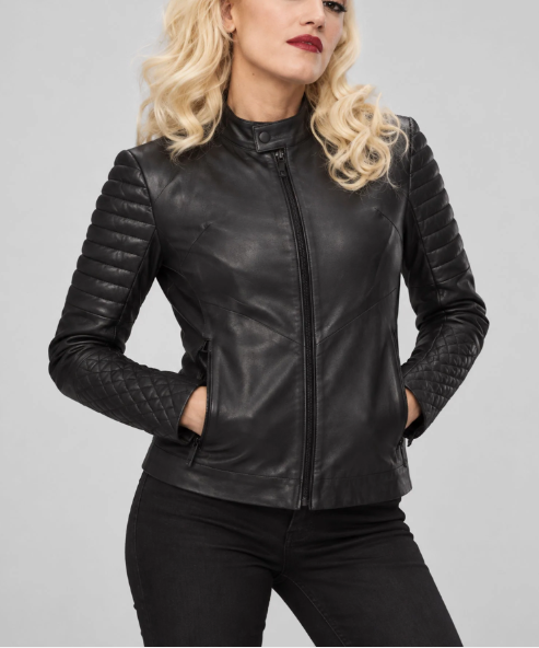 Gwen Stefani Women's Black Leather Jacket — front view on model