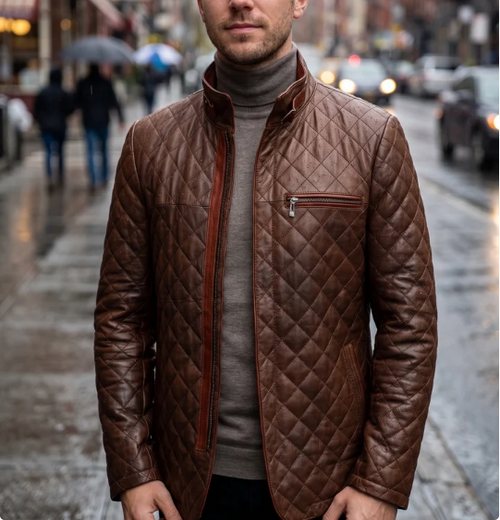 Herman Puffer Brown Leather Jacket For Men