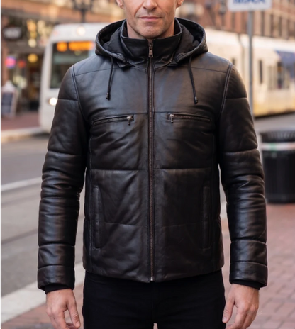 Joe Slim Fit Black Leather Jacket For Men With Hood