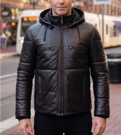 Joe Slim Fit Black Leather Jacket For Men With Hood