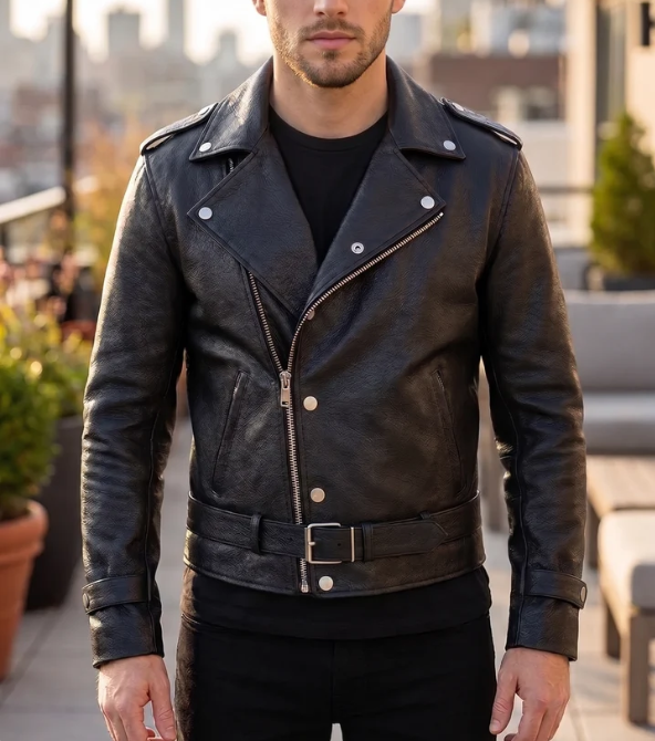 Joseph Black Leather Biker Style Jacket For Men