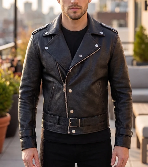 Joseph Black Leather Biker Style Jacket For Men