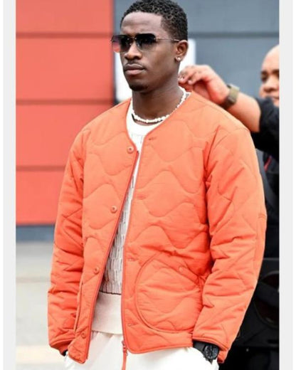 2025 Damson Idris Orange Quilted Bomber Jacket