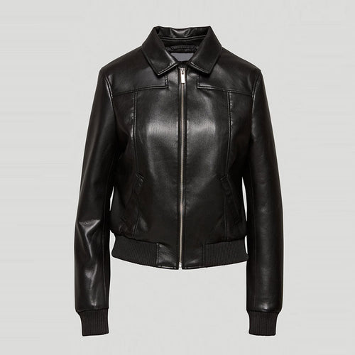 Black Women Aviator Sheepskin Shearling Motorbike Leather Bomber Jacket
