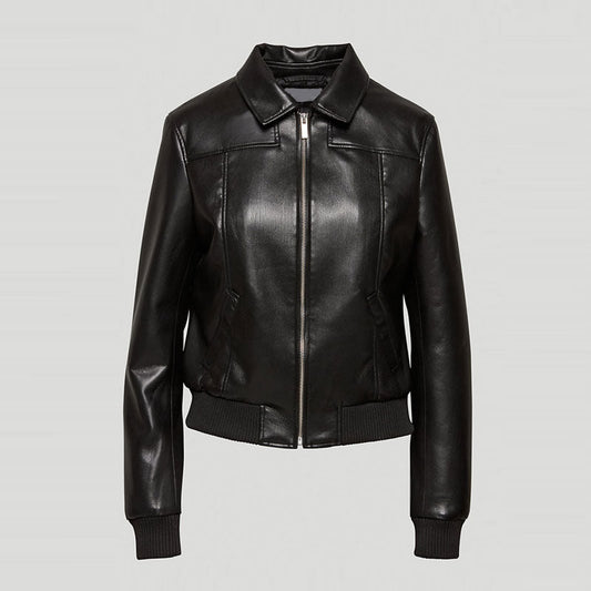 Black Women Aviator Sheepskin Shearling Motorbike Leather Bomber Jacket