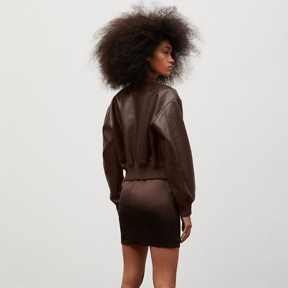 Brown Womens B3  Sheepskin Shearling Aviator Motorbike Leather Jacket